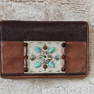Rare Vintage Brighton Caravan Brown,Tan Clutch with Turquoise Stones And Beads